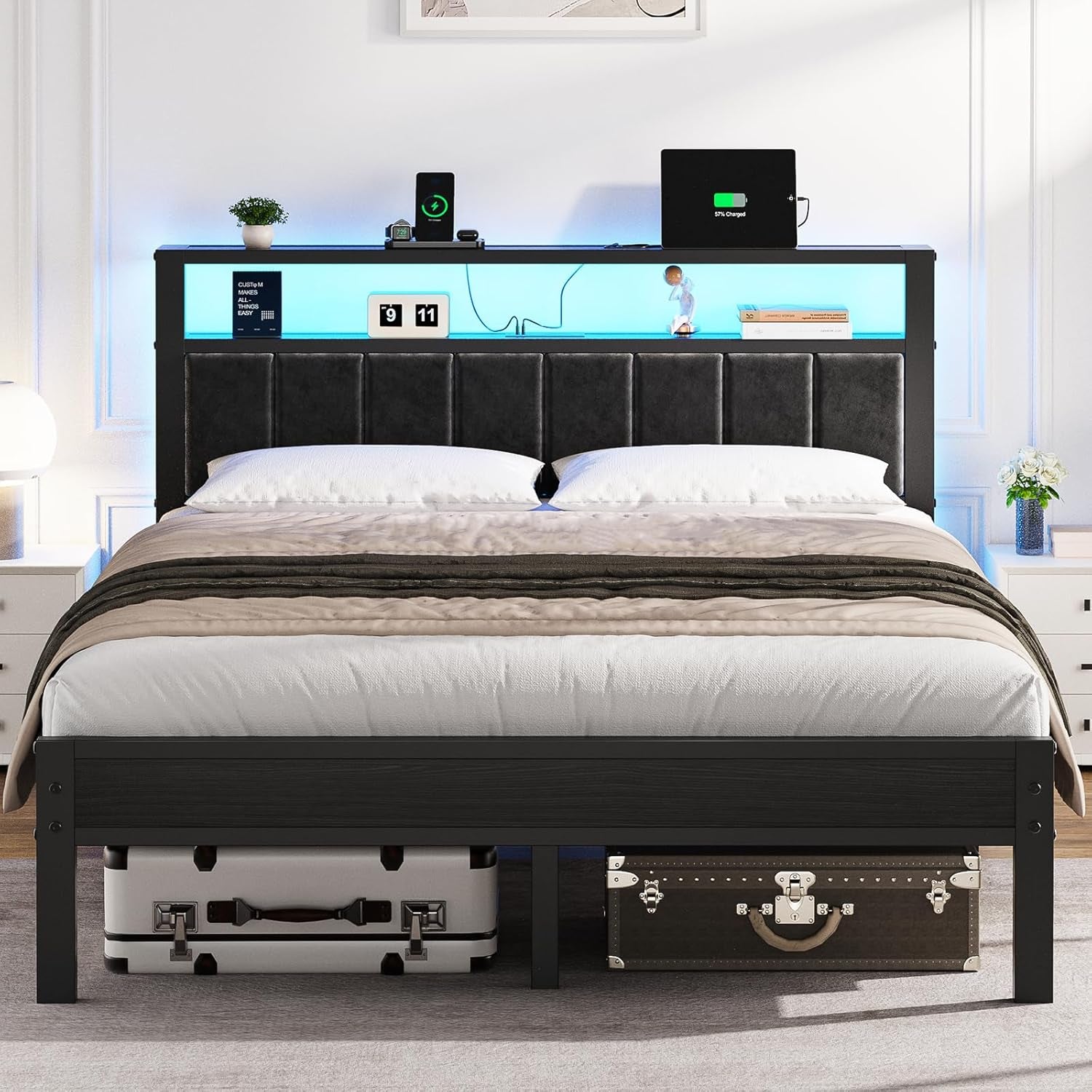 Queen Size Bed Frame with LED Lights & Charging Station, Modern Platform Bed with 2-Tier Storage Headboard, No Box Spring Needed, Noise Free