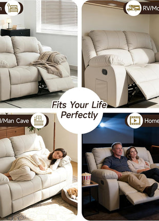 Reclining Loveseat Sofa in Beige Leather with Side Pocket for Living Room, RV, and Home Theater