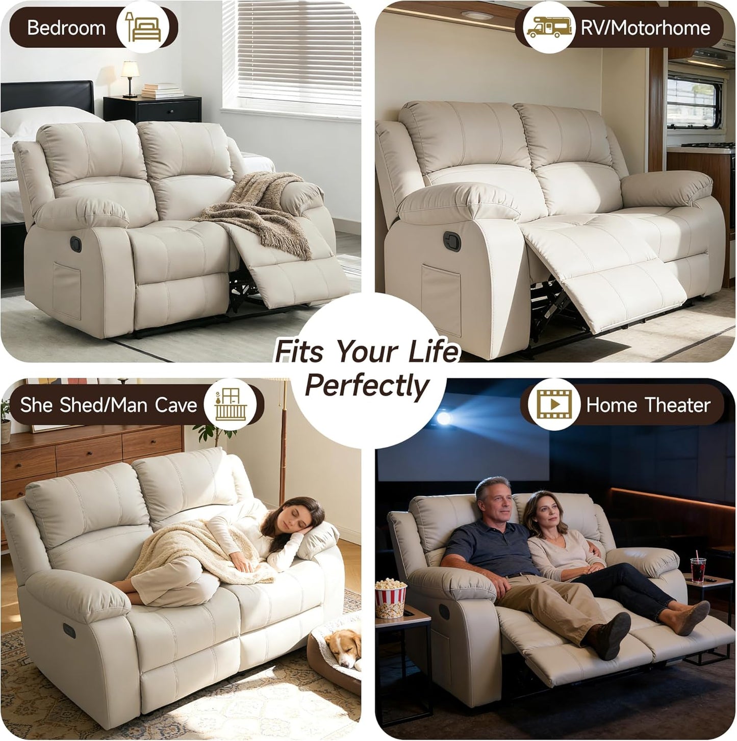 Reclining Loveseat Recliner Sofa, 2 Seat Leather Recliner Couch with Side Pocket for Living Room, RV, Home Theater(Loveseat,Beige)