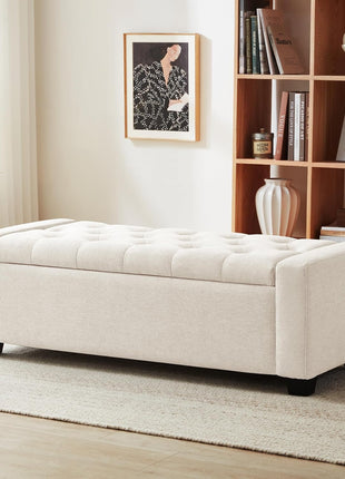 Huatean 48-Inch Upholstered Storage Ottoman Bench with Safety Hinge for Entryway Seating, Supports Up to 330 lbs, Beige