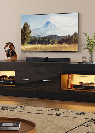 Contemporary Black TV Stand for 55-65 Inch TVs, High Gloss Finish with Stone-Patterned Side Panels, LED Entertainment Center with Ample Storage Drawer, Perfect for Living Room and Bedroom