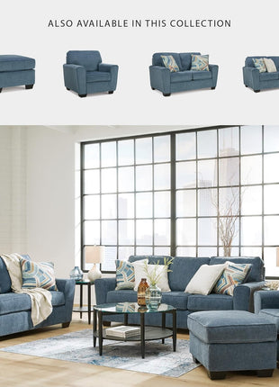 Cashton Contemporary Accent Ottoman by Signature Design by Ashley, Faux Wood Finished Exposed Feet, Foam Cushion, Crosshatched Upholstery, 30" x 24", Blue