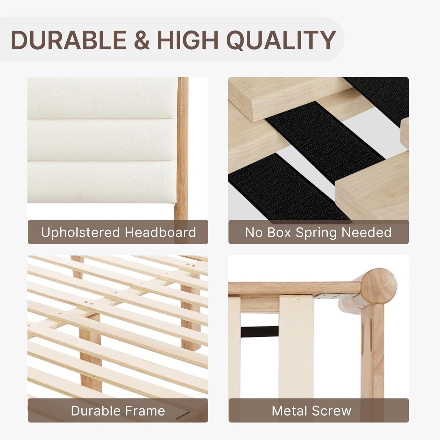 3 Pieces Bedroom Set, Wood Bed Frame with Upholstered Headboard & 2 Nightstands with Storage, Wooden Platform Mattress Foundation Farmhouse Bedroom Furniture Set