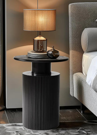Luxenhome 21-Inch Fluted Black Round Side Table - Contemporary Accent End Table for Living Room, Bedroom, and Nightstand Applications