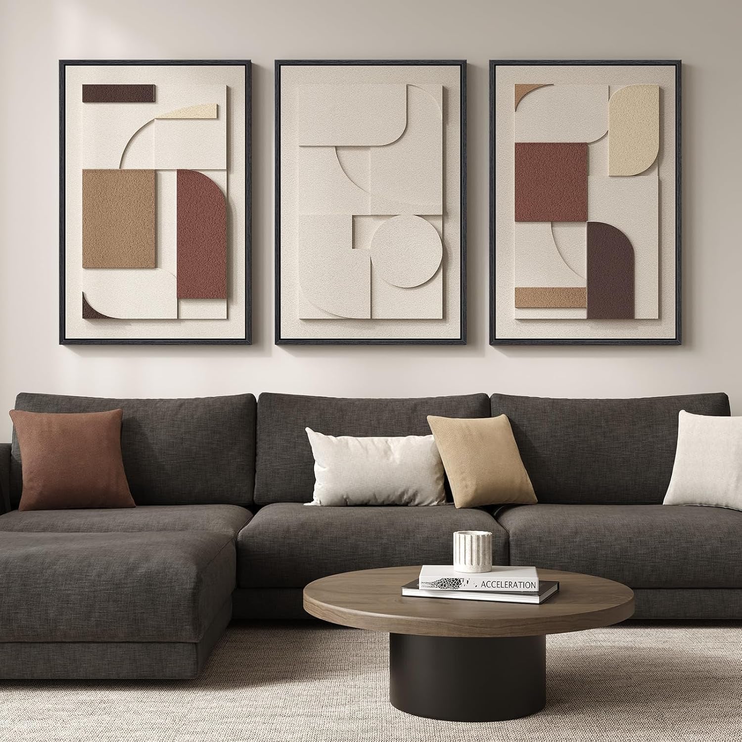 Framed Large 3D Textured Wall Art for Living Room, Brown and Tan Geometric Texture Artwork for Walls, 3 Piece Neutral Modern 3D Sandstone Art Painting for Hallway Office Kitchen Wall Decor, 24X36 Inch
