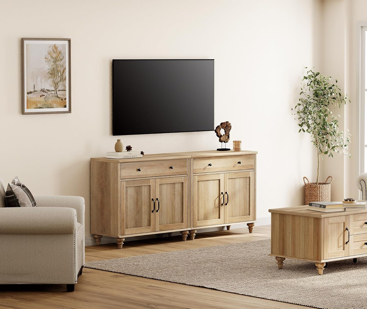 WAMAPT Buffet Cabinet with 4 Doors and 2 Drawers, Large Coffee Bar Table Wood Kitchen Storage Cabinets with Storage Cabinets, Modern Farmhouse Sideboard Credenza for Dining Room, Oak, 68 Inch