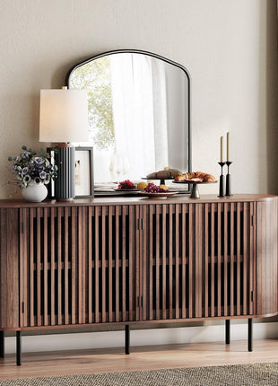 64" Wood Sideboard Buffet Cabinet with 4 Fluted Doors and Curved Design, Walnut Finish, Ideal for Dining Room and Hallway Storage