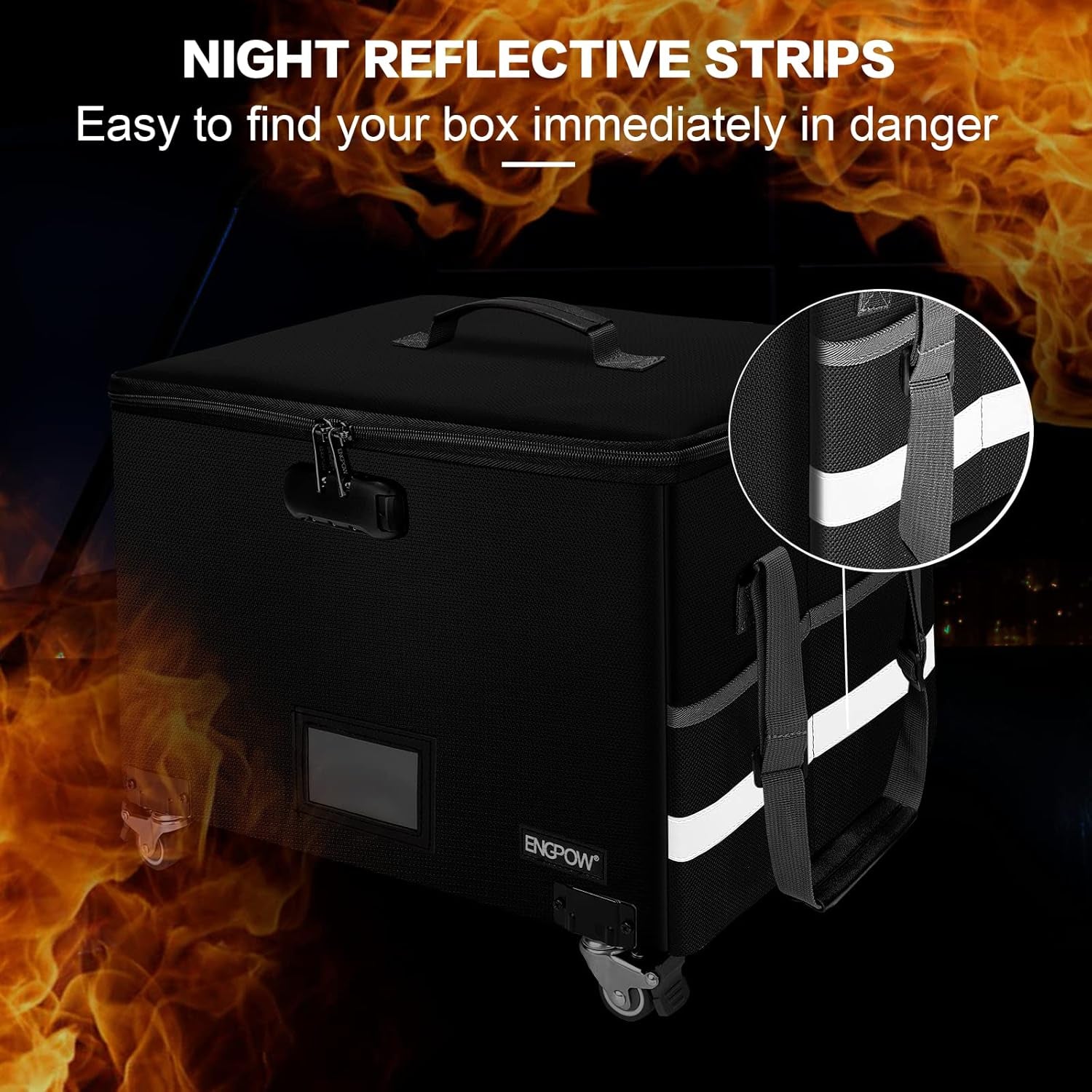 Fireproof Document Box with Wheels, Collapsible File Box with Lock, Rolling File Storage Organizer Filing Cabinet with Pockets, Portable Home Office Safe for Hanging Letter/Legal Folder