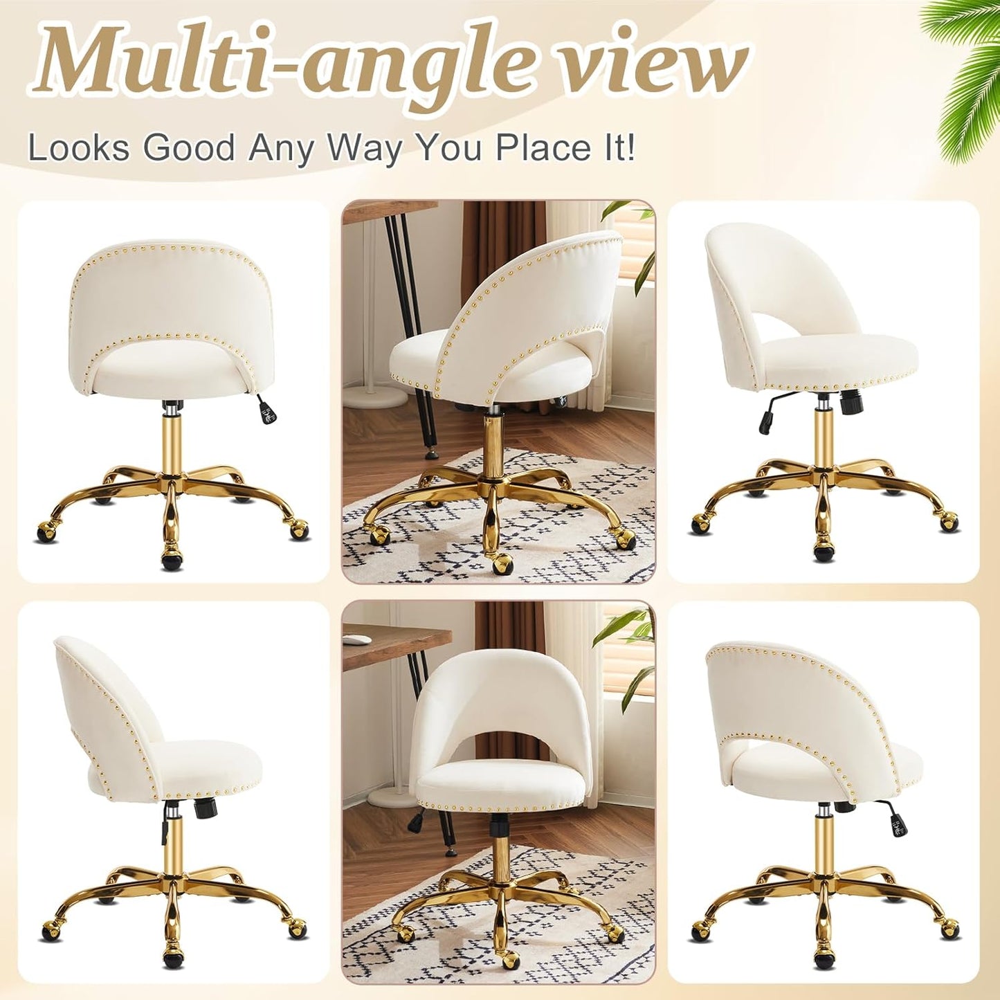 Modern Velvet Small Office Chair,Cute Desk Chair with Wheels,Gold Base/Studs, Comfy Armless Swivel Vanity Task Chair for Women/Girl/Kids, Nail Tech Chair for Bedroom,Small Space,White