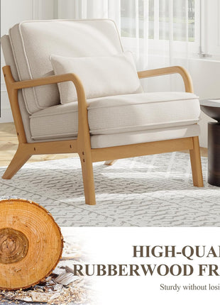 Set of 2 Mid-Century Accent Chairs with Solid Wood Frame, Lumbar Pillow, and Soft Cushion for Living Room, Bedroom, or Waiting Area - Beige