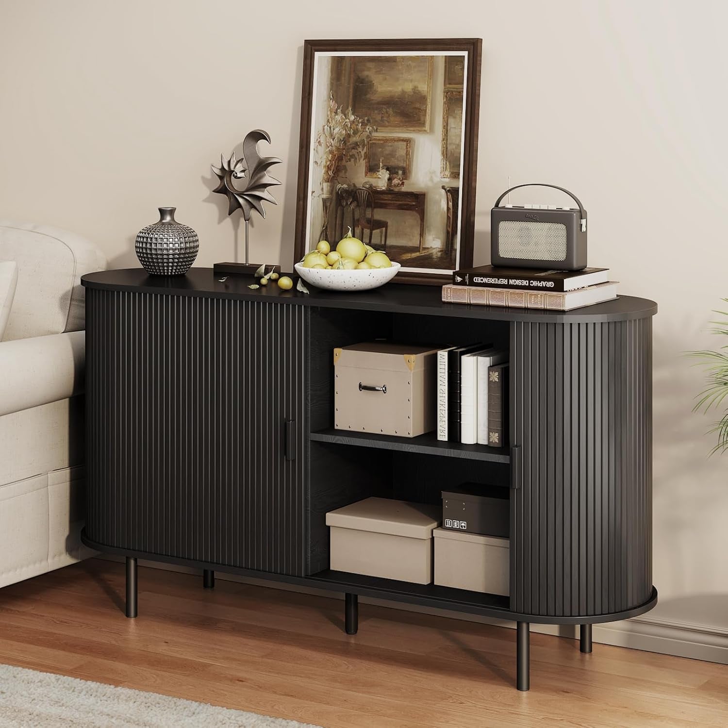 Buffet Sideboard Cabinet with Storage, 55" Fluted Cabinet with Sliding Door & Adjustable Shelf, Modern Accent Coffee Bar Console Table for Kitchen, Entryway, Black