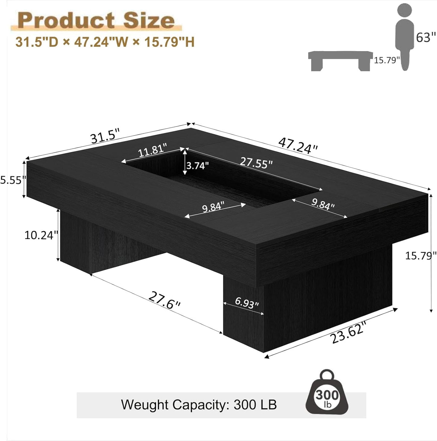 Black Coffee Table, Modern Wood Led Living Room Table with Storage, Unique Large Wide Rectangle Center Table with LED Light, Contemporary Low Tea Table for Bedroom Home Office, 47.24 In, Black Oak