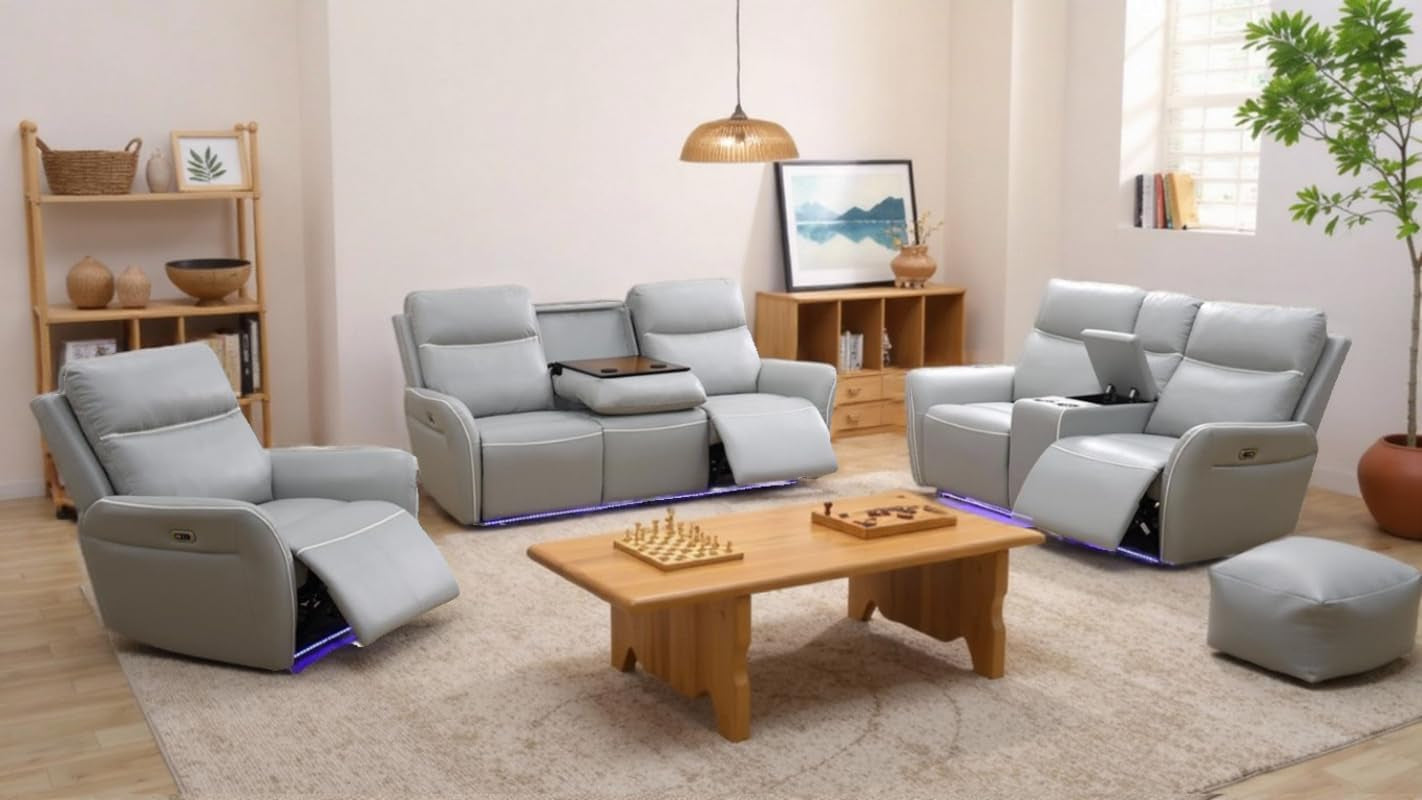Air Leather Power Recliner Sofa Set with LED, Reclining Living Room Furniture Sets, Power Recliner Couch Set with USB Ports for House/Home Theater (Light Grey, Sofa+Loveseat+Chair)