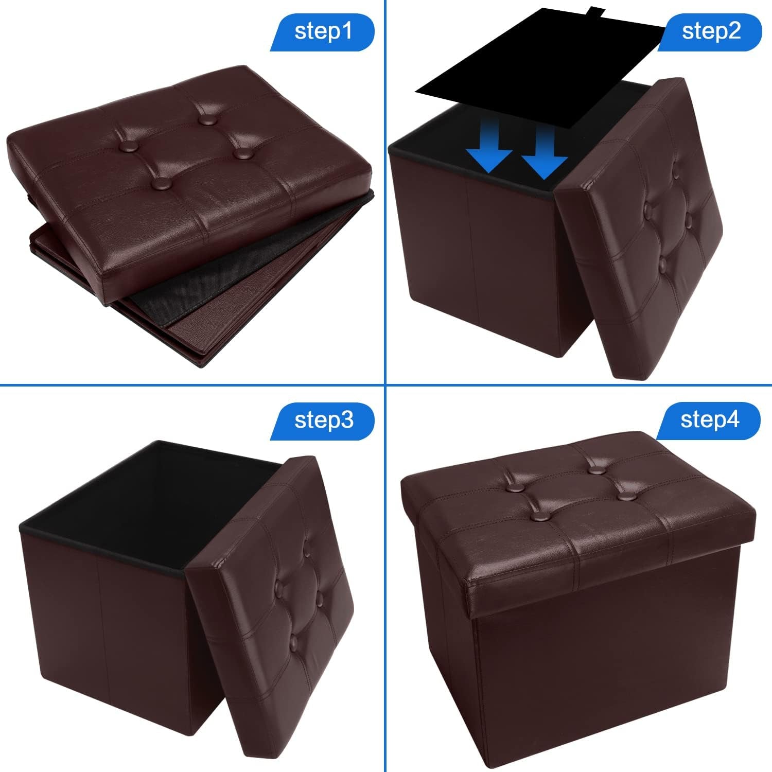 Storage Ottoman, Folding Foot Stool with Thicker Foam Padded Seat Small Leather Storage Ottoman Bench Foot Rest for Living Room Foldable Coffee Table 17X13X13In,Brown