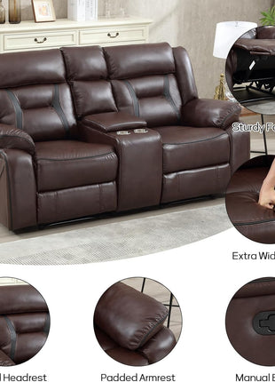 Faux Leather Dual Recliner Loveseat with Center Console, Hidden Storage, and Cup Holders - Dark Brown Sofa Chair for Living and Meeting Rooms