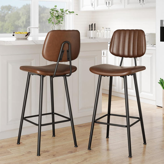 29-Inch Leather Bar Stools Set of 2, Counter Height Barstools with High Backrest，Bar Chairs for Kitchen Island with Heavy Duty Metal Legs, Dark Brown