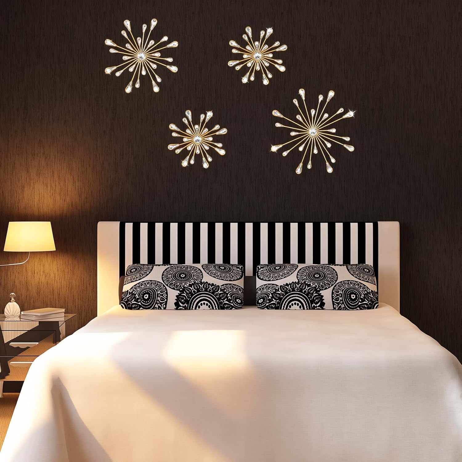 4Pcs Gold Metal Jeweled Wall Art, Starburst Wall Decor, Bling Crystal Home Décor, Star Sun Rhinestone Hanging, Diamond Accents Home Decorative for Living Room, Bedroom, Entryway