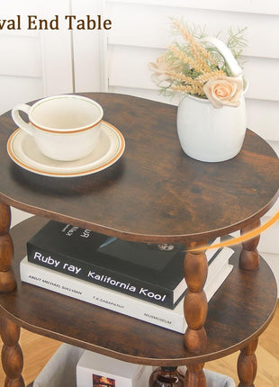 3-Tier Oval Side Table - Contemporary Accent Nightstand for Living Room and Bedroom in Rustic Brown Finish