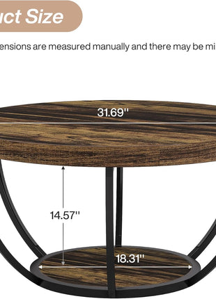 31.7-Inch Round Wooden Coffee Table with Dual-Tier Storage Shelves, Modern Rustic Accent Table for Living Room in Brown Finish