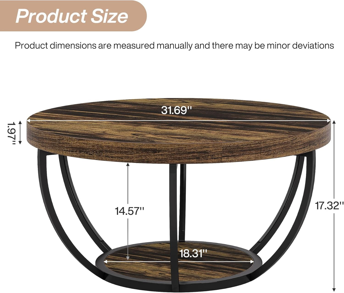 round Coffee Table, 31.7" Wooden 2-Tier Circle Coffee Table with Storage Shelves, Modern Accent Cocktail Table Center Table for Living Room, Rustic Brown