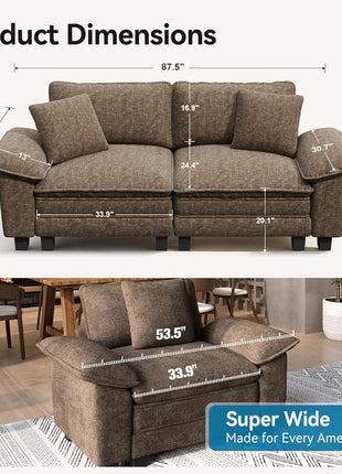Oversized Modular Chenille Loveseat Sofa, 87.5'' with Enhanced Armrests and Pillows, Modern Upholstered 2-Seater for Living Room or Bedroom in Taupe
