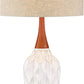 Rocco Mid Century Modern Table Lamp 30" Tall White Wave Geometric Ceramic Oak Wooden Neck Tan Fabric Drum Shade for Living Room Bedroom House Bedside Nightstand Home Office