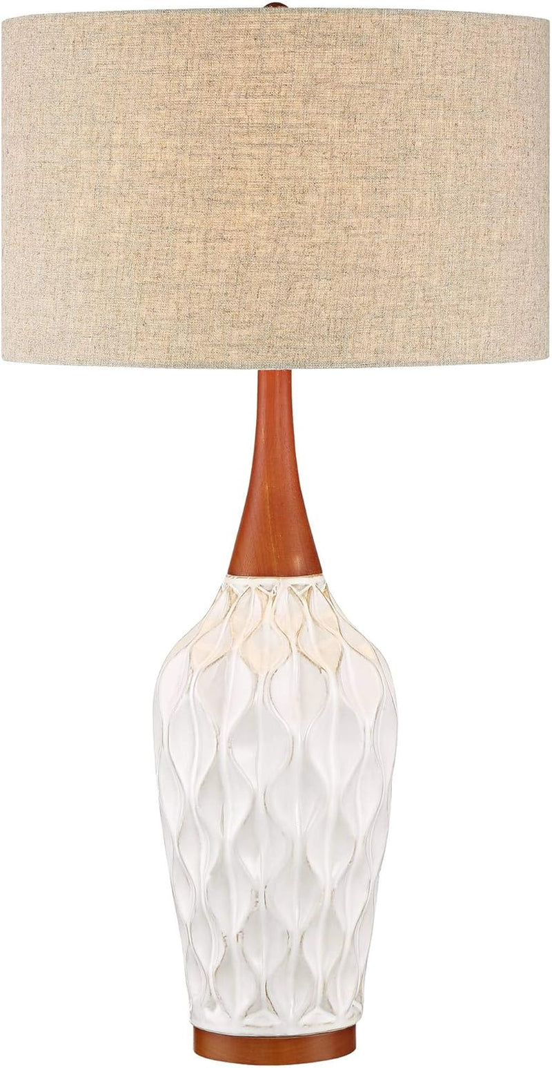 Rocco Mid Century Modern Table Lamp 30" Tall White Wave Geometric Ceramic Oak Wooden Neck Tan Fabric Drum Shade for Living Room Bedroom House Bedside Nightstand Home Office