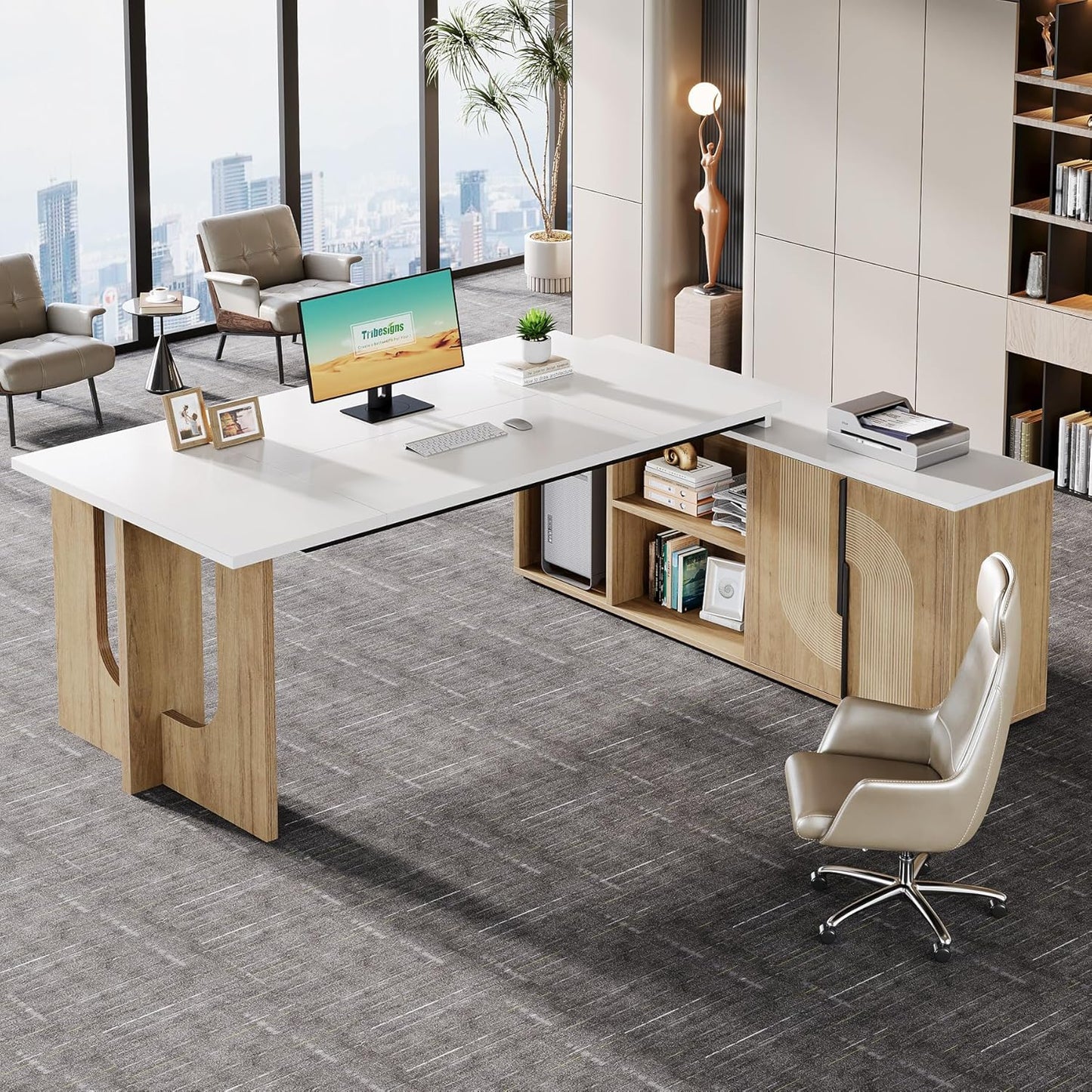 74.8 Inch Executive Desk, Large Office Desk with Cabinet, L Shaped Computer Desk with Shelves and CPU Storage, Modern Home Office Desks Business Furniture Workstation Set, White and Wood