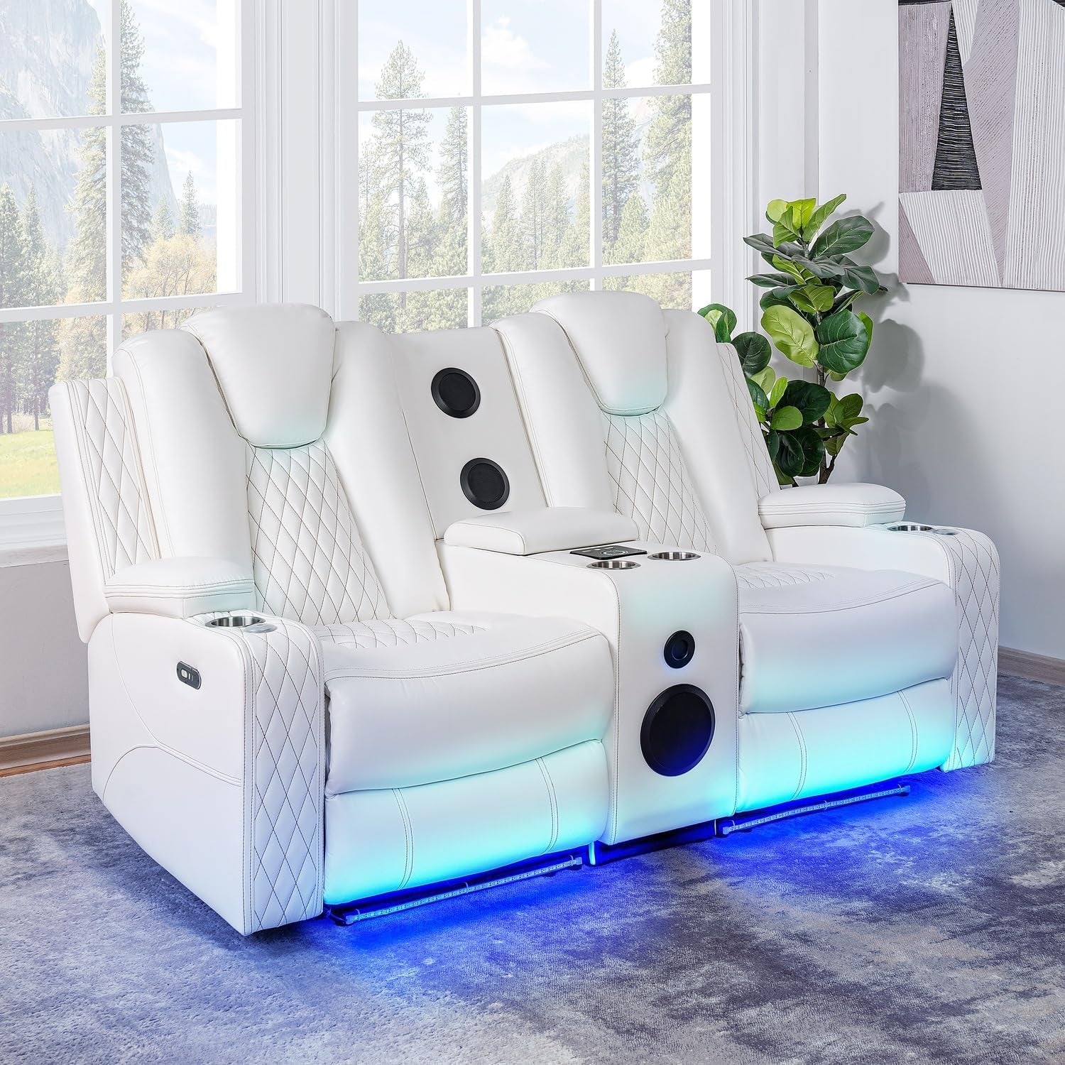 Chicago Deluxe Theater Style Motion Loveseat with LED Lights White/Air Leather