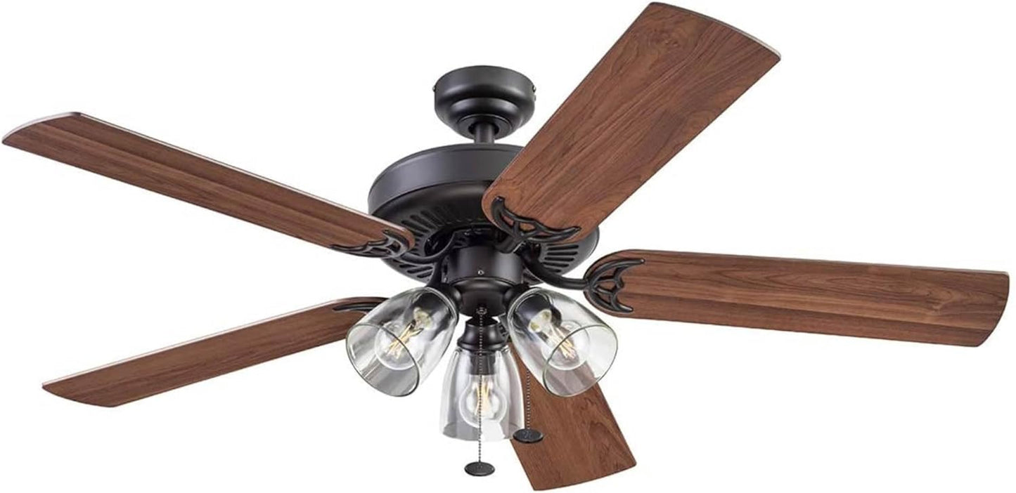 Saybrook, 52 Inch Indoor Farmhouse LED Ceiling Fan with Light, Pull Chain, Three Mounting Options, Dual Finish Blades, Reversible Motor - 51593-01 (Bronze)