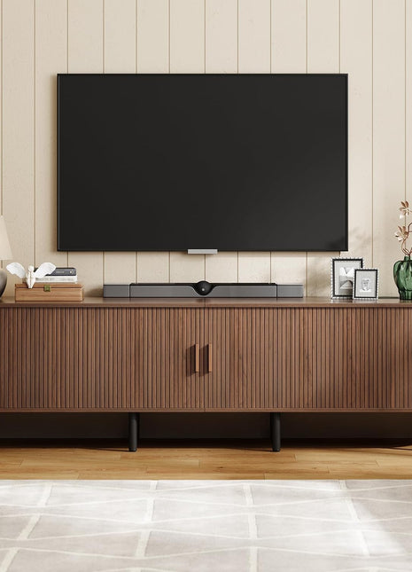 86.6" Contemporary TV Stand with Power Outlet for TVs up to 90 Inches, Entertainment Center with Storage and Adjustable Shelves, Walnut Finish and Sliding Doors for Living Room
