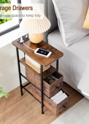 Narrow Nightstand Set with Charging Station - Pair of Slim End Tables for Living Room and Bedroom, Rustic Brown Finish with Fabric Drawers, Perfect for Compact Spaces