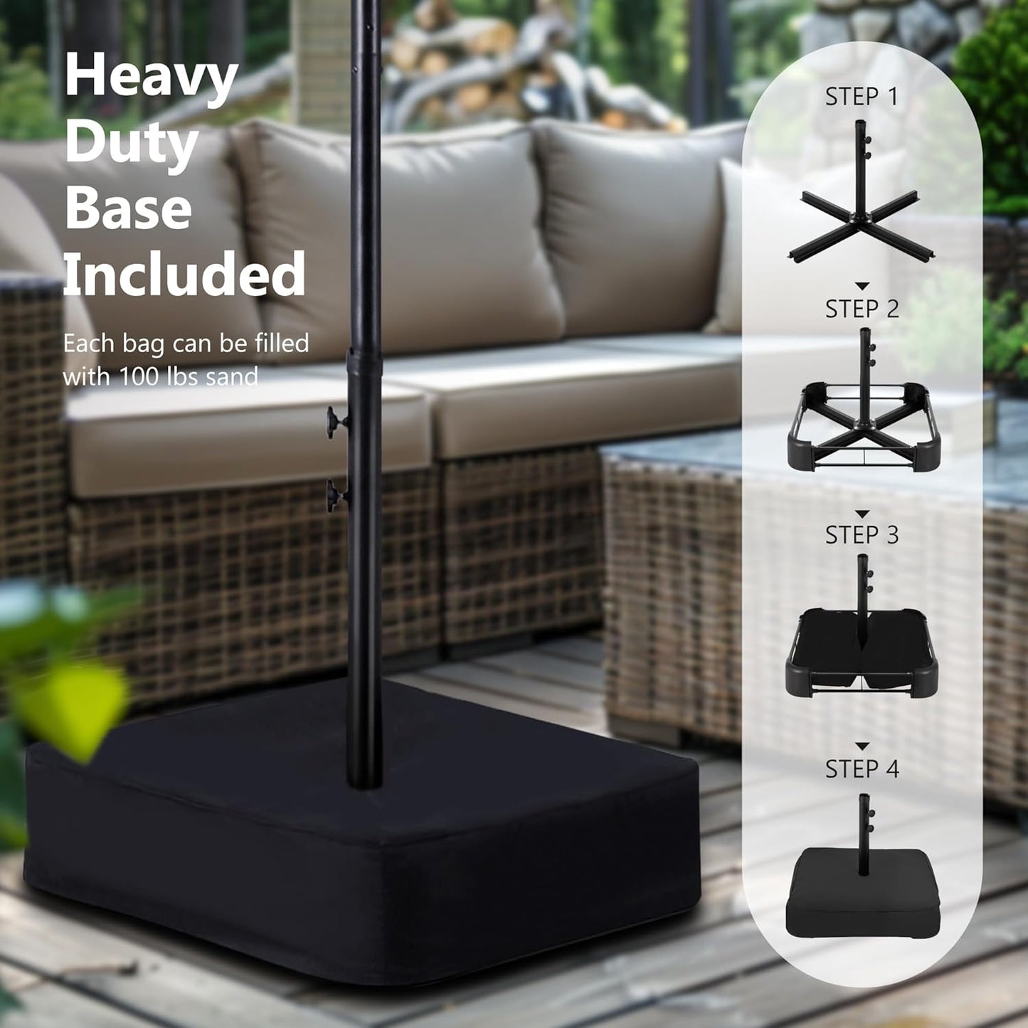 15Ft Double Sided Patio Umbrella with Solar Lights, Outdoor Large Umbrellas with Crank Handle and 36 LED Lights, Rectangular Market Umbrella with Base Included for Deck Pool Shade, Beige