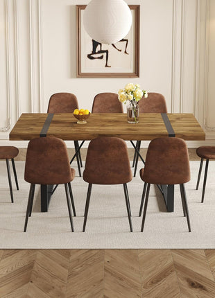Sophisticated Dining Table Set for Eight with Dark Wood Finish and Upholstered Suede Chairs