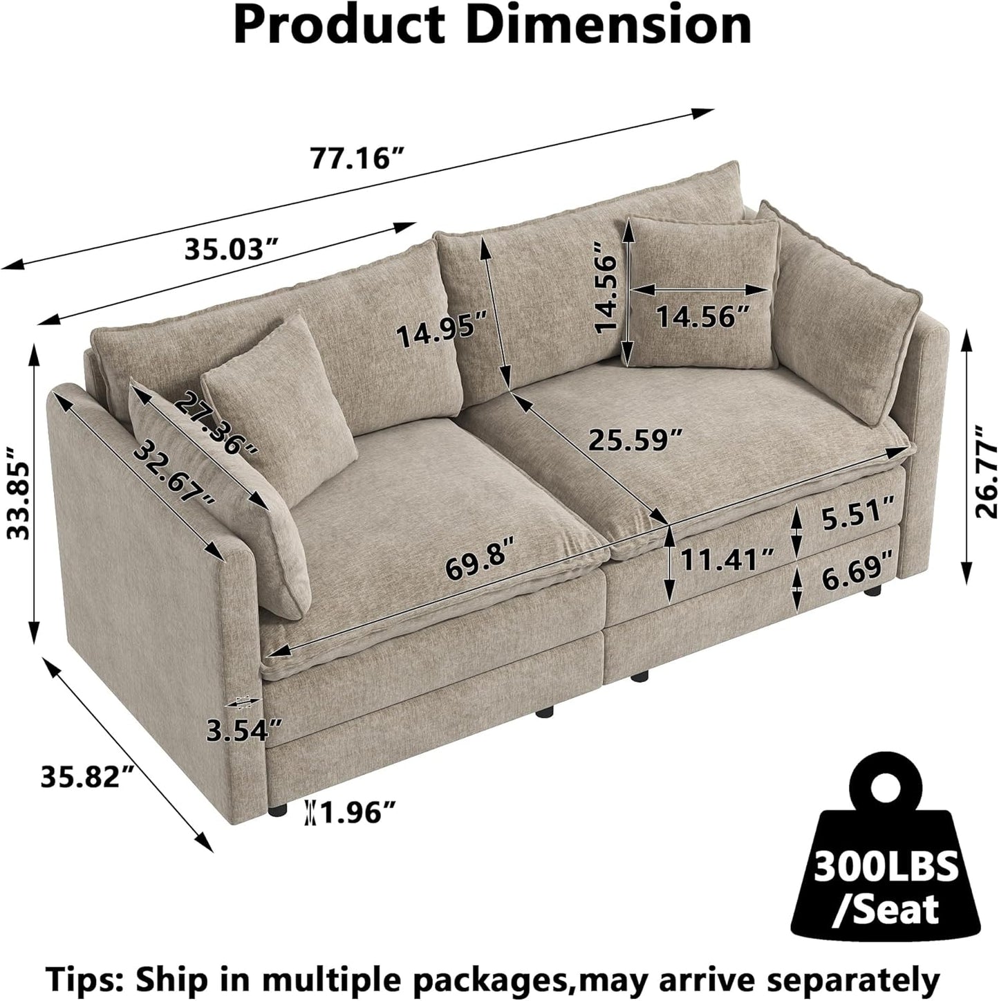 Modular Sectional Sofa Modern Convertible Loveseat Couch,77.16 Inch Deep 2-Seater Sofas Comfy Chenille Cloud Sofas and Couches with Pillows for Living Room Apartment（Camel）