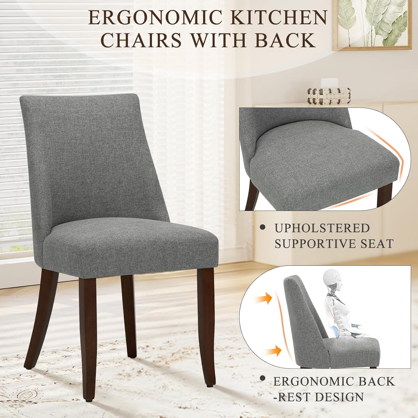 Upholstered Dining Chairs Set of 4, Mid Century Modern Kitchen Chairs with Back, Farmhouse Fabric Side Dining Room Chairs with Wood Legs for Dining Room Restaurant, Light Grey