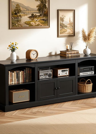 71-Inch Contemporary Farmhouse TV Stand for TVs up to 80 Inches with Arched Cabinet Doors and Adjustable Open Storage Shelves, Media Console Table for Living Room in Black