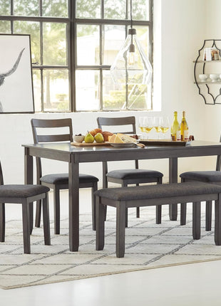 Bridson 6-Piece Dining Table Set by Signature Design by Ashley - Charcoal Gray Wood Table with Upholstered Chairs and Bench for Transitional Dining Spaces
