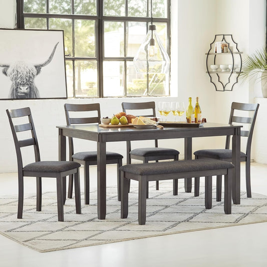 Bridson 6 Piece Dining Set, Includes Rectangular Dining Table, 4 Ladderback Chairs & Bench, Wood, 36" W X 60.13" D X 30" H, Gray