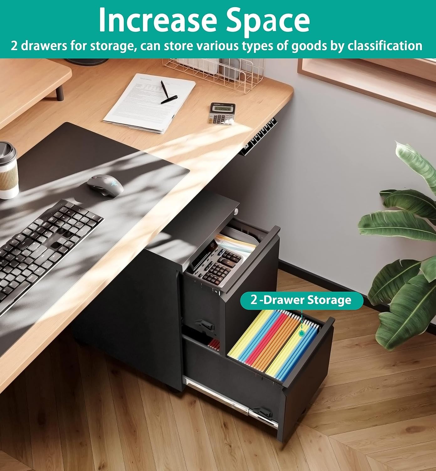 2 Drawer File Cabinet on Wheels,Metal Filing Cabinet with Lock,Black Rolling File Cabinets with Casters,Under Desk Office Cabinets for Home Office,Fit A4/Letter/Legal,Easy Assembly