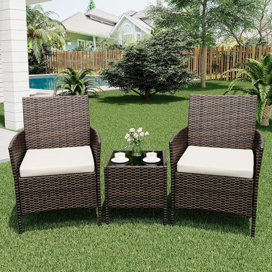 Patio Furniture Set 3 Pieces, Outdoor Patio Furniture Set with Rattan Wicker Chairs, Glass Table and Cushions for Porch, Balcony, Backyard, Garden, Poolside, Brown & Beige