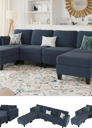 Elegant Blue Modular Sectional Sofa - 6-Seat Convertible Sleeper Couch with Ottomans for Enhanced Comfort in Your Living Room