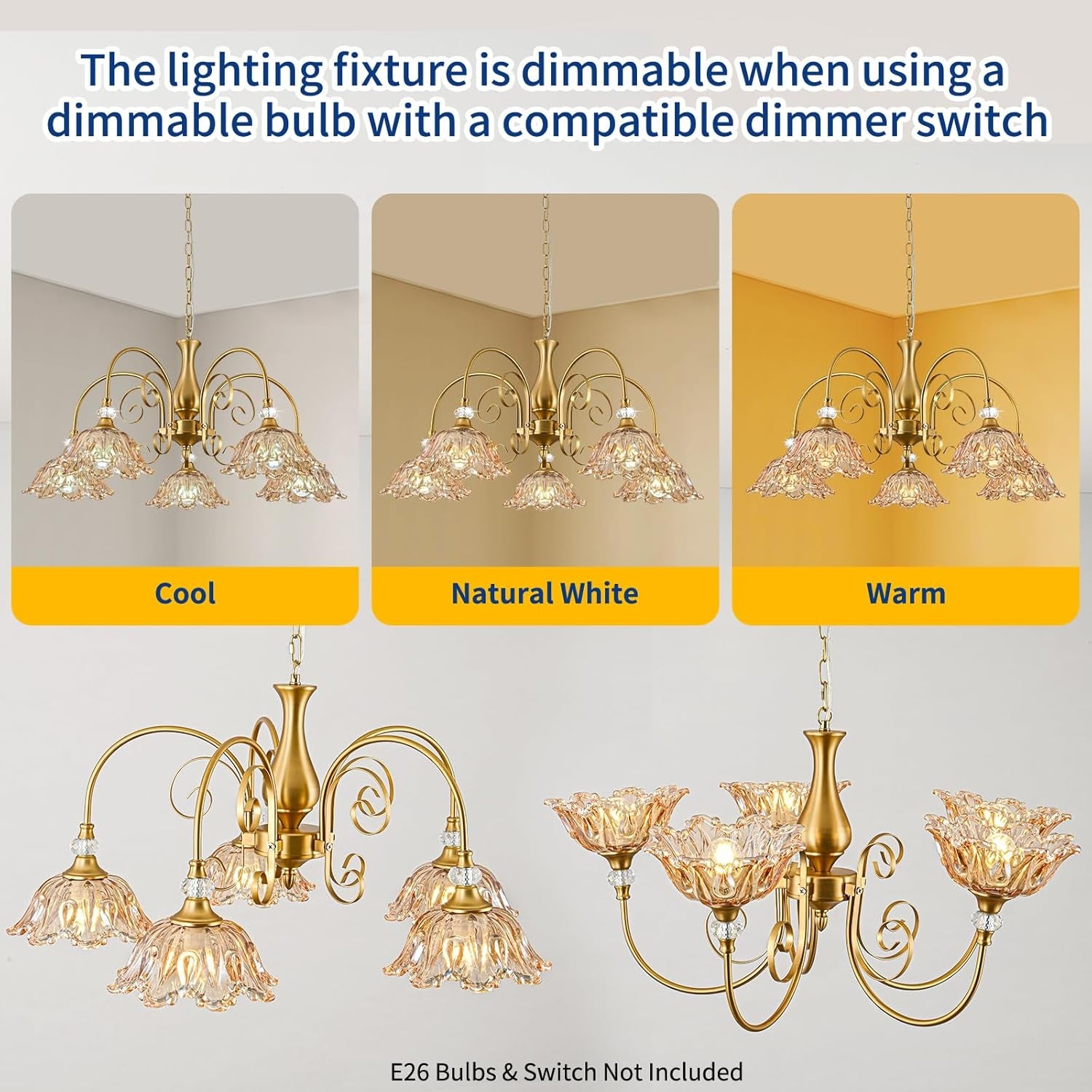 5-Light Vintage Chandeliers in Matte Brass Finish with Amber Glass Shades, Retro Chandelier Light for Dining Room,Hallway,Kitchen