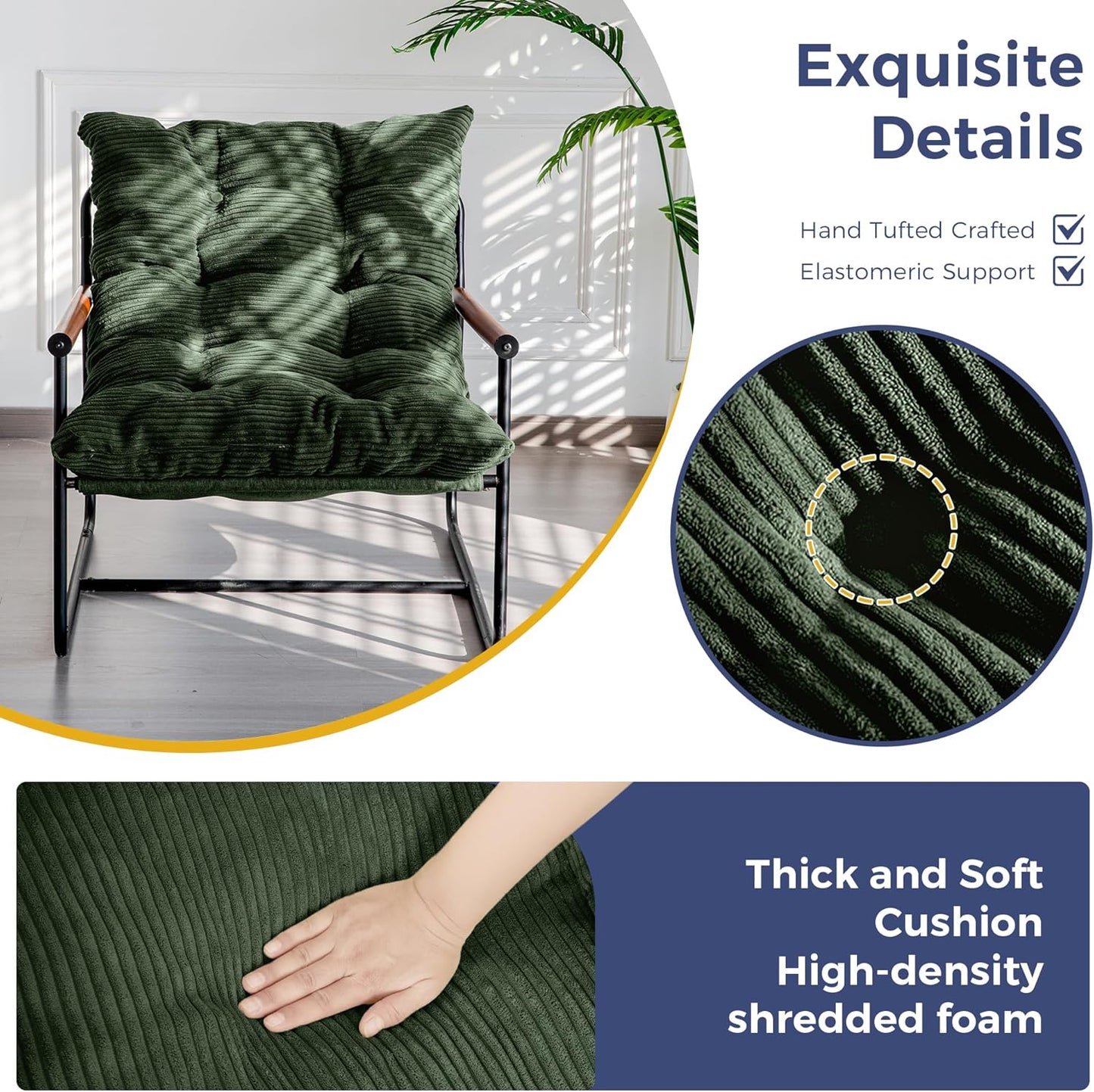 Modern Accent Chair, Comfy Living Room Chair with Metal Frame Wooden Armrest, Upholstered Armchair with Soft Cushion for Bedroom Balcony Lounge Reading Room, Dark Green