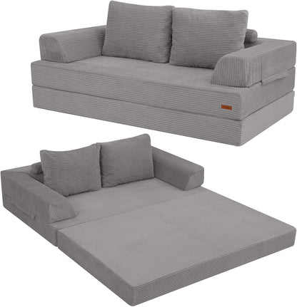 Futon Sofa Bed, Convertible Folding Sofa Bed, Boneless Couch Loveseat Corduroy with Pillows, Small Foldable Floor Couch Comfy Lounge Sleeper for Living Room Bedroom, Light Grey