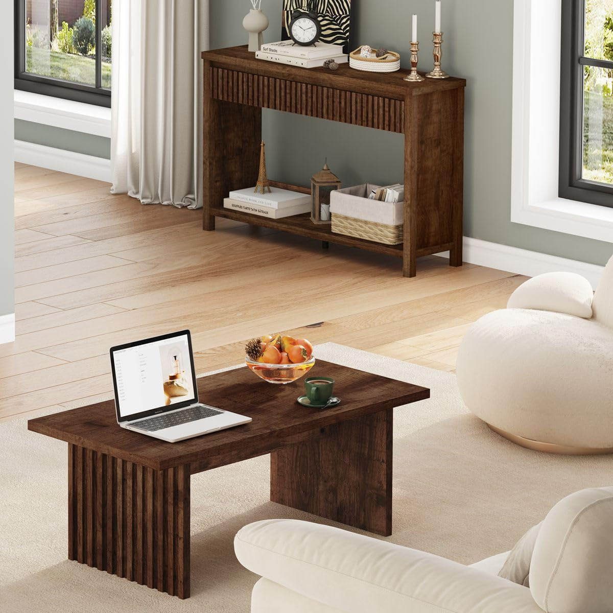 Coffee Table for Living Room, Farmhouse Wood Center Table, Rectangle Mid-Century Living Room Tables, Unique Fluted Panel Coffee Tables (Rustic Oak, 43Inch)