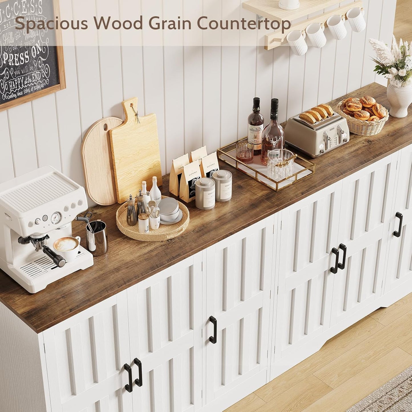 Modern Farmhouse Buffet Cabinet with Storage, 85" Large Sideboard Storage Cabinet with 6 Barn Doors, Coffee Wine Bar Cabinet Wood Table Credenza with Adjustable Shelf for Kitchen Dining Living Room