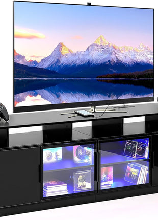 70-Inch Contemporary Black TV Stand with LED Entertainment Center and Glass Door Storage for Living Room and Gaming Spaces