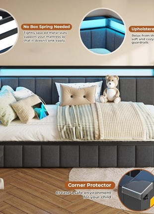 Full Size Corner Bed Frame with Two Storage Drawers and Integrated Charging Station, Upholstered Guardrail, LED Lights, and Gray Finish, Ideal for Teens and Adults