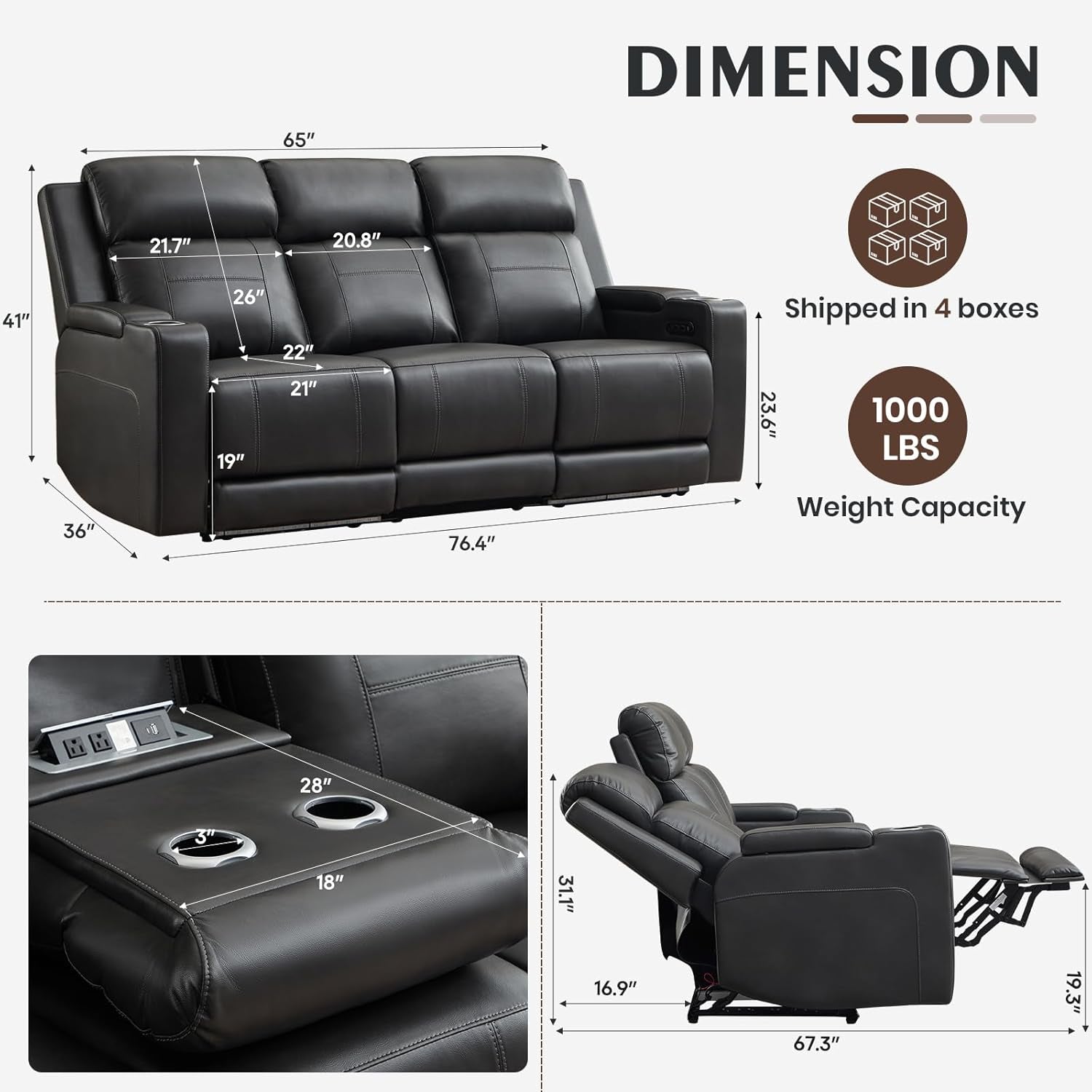 Power Reclining Sofa with Adjustable Headrest, Home Theater Seating Reclining Couch with LED Light/Outlet/Storage/Usb&Type-C, Power Loveseat Recliner Sofa for Living Room (Grey&Black, Sofa)